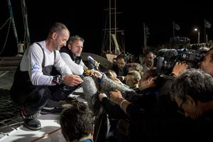 skipper Sidney Gavignet (FRA) with co skipper Damian Foxall (IRL) talking to press in the 2013 Transat Jacques Vabre photo copyright Vincent Curutchet / DPPI taken at  and featuring the  class