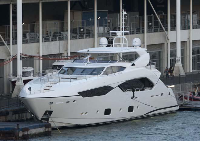 The Â£11.5M Sunseeker 115 Sport on the Dock at the London Boat Show 2014, ExCeL, London. © onEdition http://www.onEdition.com