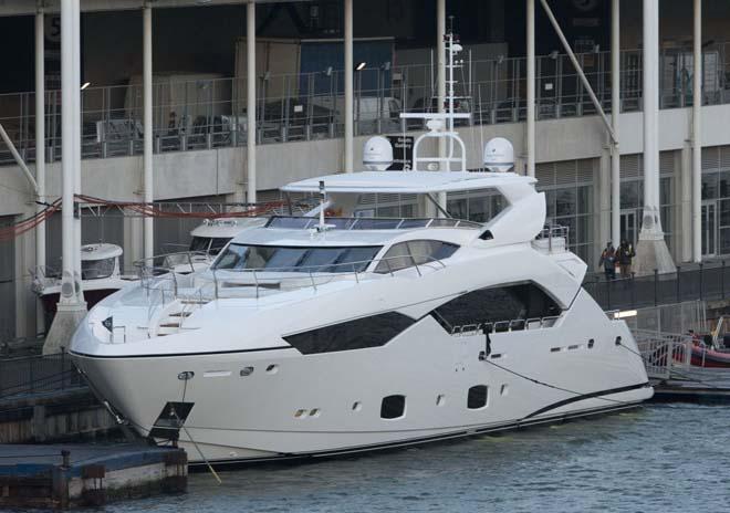 The Â£11.5M Sunseeker 115 Sport on the Dock at the London Boat Show 2014, ExCeL, London. © onEdition http://www.onEdition.com