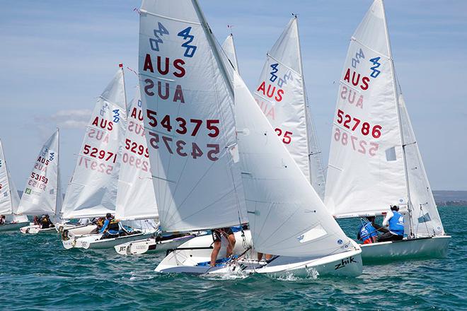 jumping on to Port tack after the start are our leaders, Emerson Carlberg and Lachlan Gilmour. - 420 Australian Championships ©  Alex McKinnon Photography http://www.alexmckinnonphotography.com