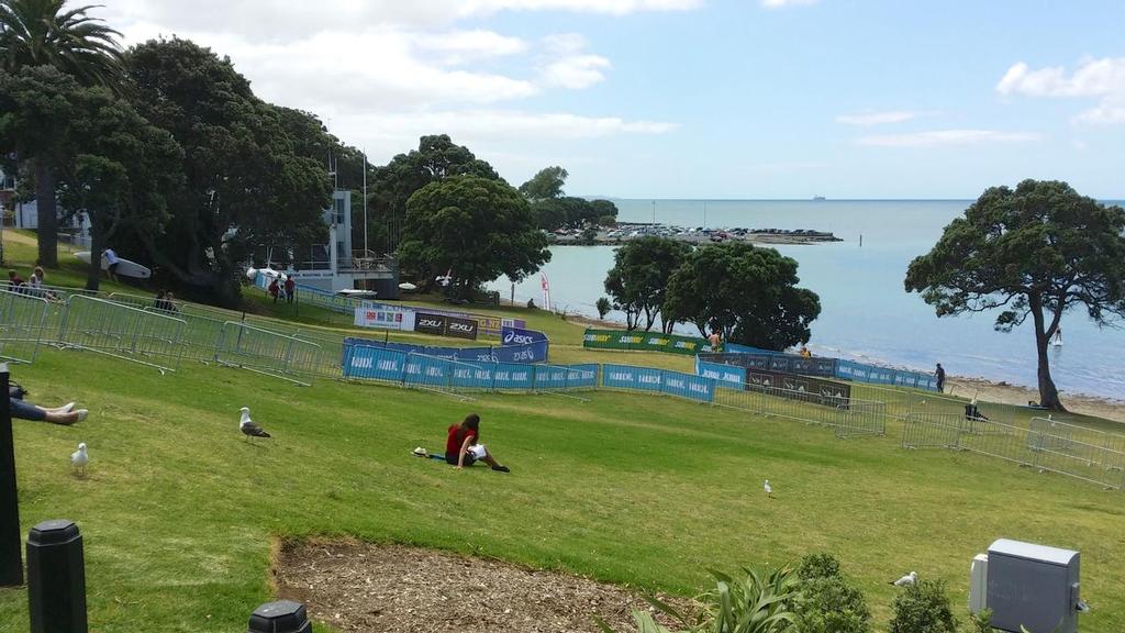 Takapuna Reserve set up for a triathlon this Saturday. This is the rigging and launching area for the A-Class Catamaran Worlds at Takapuna. photo copyright Richard Gladwell www.photosport.co.nz taken at  and featuring the  class