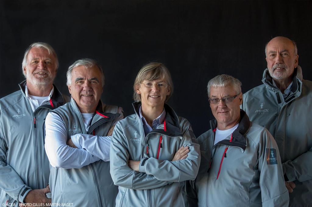 Jury Chairman, David Tillett second from right, with the other members of the 34th America’s Cup Jury (from left John Doerr, Graham McKenzie, Josje Hofland, and Bryan Willis) © ACEA /Gilles Martin-Raget