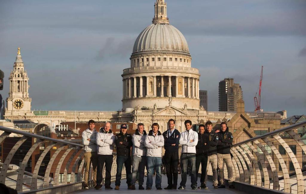 The 2014 Extreme Sailing Series skippers pictured here on the Millennium Bridge in central London as part of the series launch at the 2014 London Boat Show. Ben Ainslie, Franck Cammas, Leigh McMillan, Rob Greenhalgh, Roman Hagara, Pierre Yves,Jes Gram-Hansen /Rasmus Kostner, Jérome Clerc and Seve Jarvin © Lloyd Images