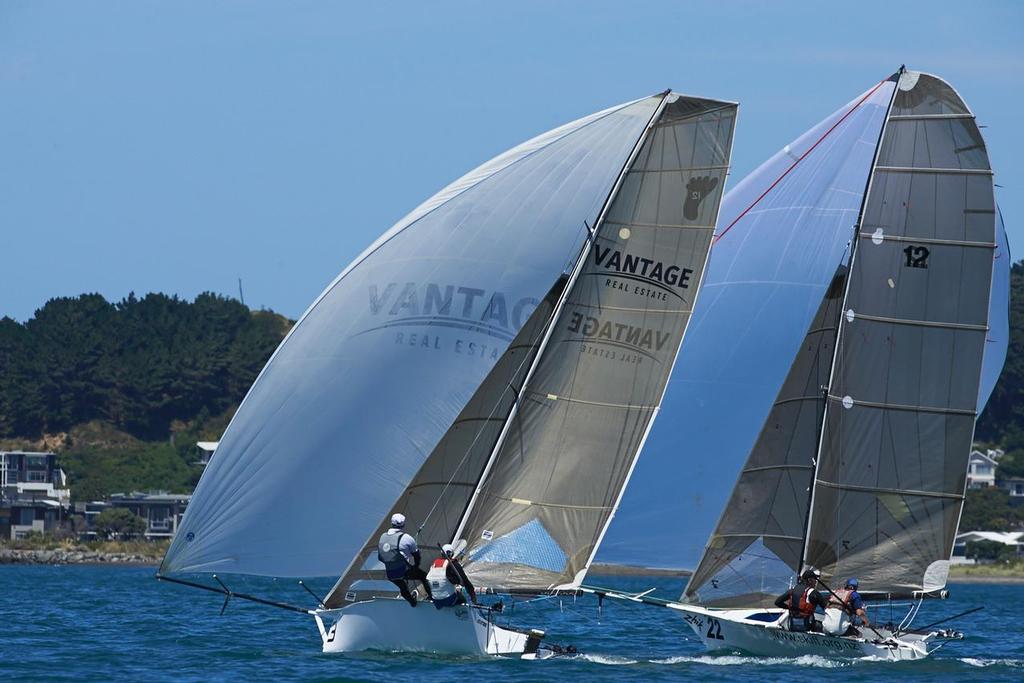 Murray Press and Brett Phillips (3) (AUS) Craig Anderson and Sven Pannell (22) (NZL) - 12ft Skiff Interdominions, Day 6, Worser Bay, Wellington, NZ © Garrick Cameron http://www.studio5.co.nz/