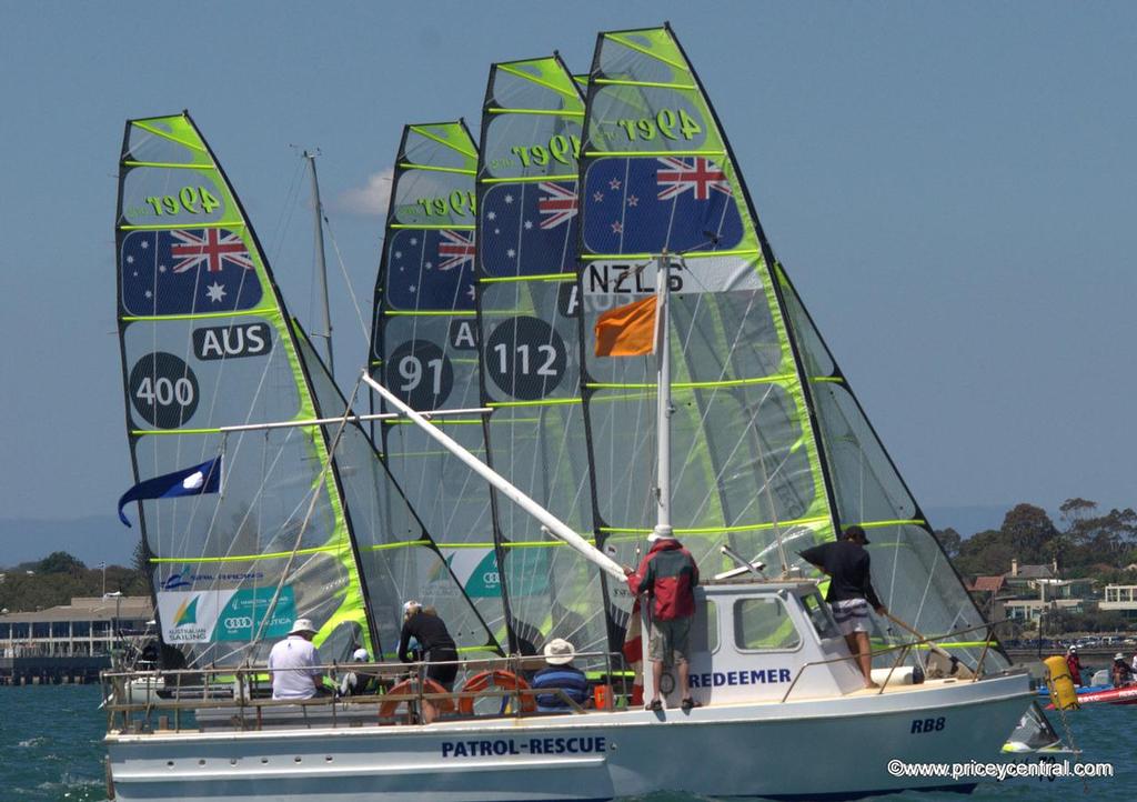 World class 49er fleet enjoying competitive racing on Port Phillip Bay © David Price