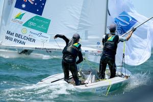 470 mens/ Mathew Belcher and Will Ryan  (AUS)   
2013 ISAF Sailing World Cup - Melbourne   
Sail Melbourne - The Asia Pacific Regatta   
Sandringham Yacht Club, Victoria   
December 1st - 8th 2013   
Â© Sport the library / Jeff Crow photo copyright Jeff Crow/ Sport the Library http://www.sportlibrary.com.au taken at  and featuring the  class