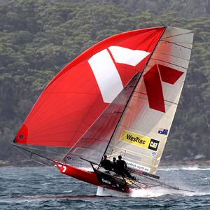 Gotta Love It 7 was flying downwind - 2014 Australian 18ft Skiff Championships - Race 2 photo copyright Frank Quealey /Australian 18 Footers League http://www.18footers.com.au taken at  and featuring the  class