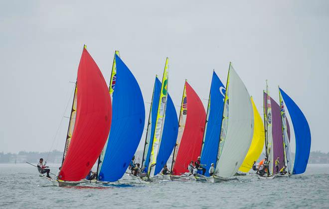 ISAF Sailing World Cup 2014, Miami FL - 49er Fleet fights for position in light air. © Walter Cooper /US Sailing http://ussailing.org/