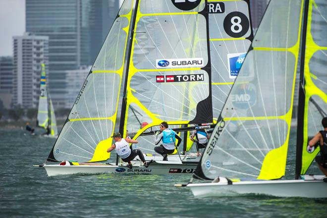 Jonas Warrer and Peter Lang in action as the 49er Fleet fights for position in light breeze - 2014 ISAF Sailing World Cup Miami day 5 © Walter Cooper /US Sailing http://ussailing.org/