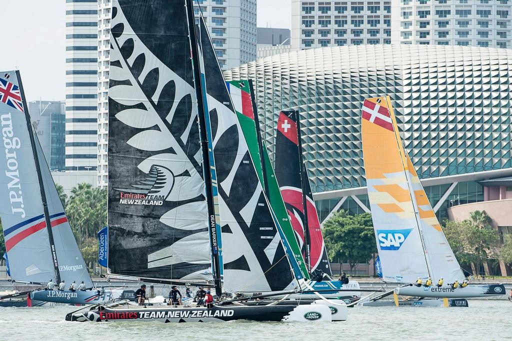 Emirates Team New Zealand competing in day one of the Extreme Sailing Series regatta being sailed in Singapore. 20/2/2014 © Chris Cameron/ETNZ http://www.chriscameron.co.nz