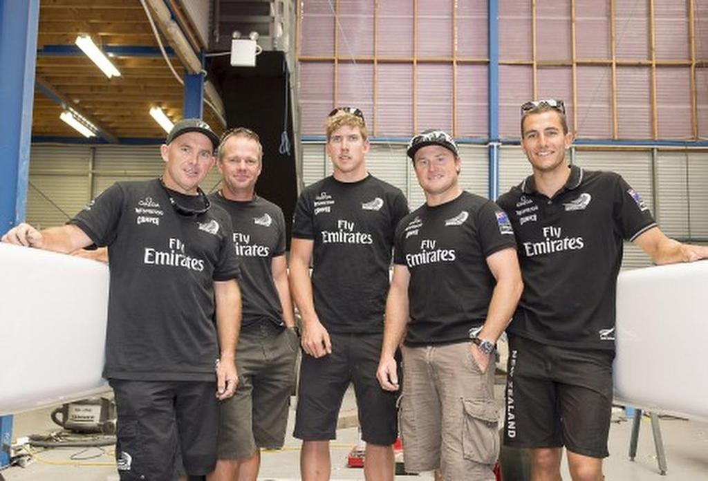 Ray Davies, Chris Nicholson, Peter Burling, Glenn Ashby and Blair Tuke. Emirates Team New Zealand sailors prepare for the upcoming A Class National championships and World championships regattas being sailed at Takapuna in Auckland photo copyright Chris Cameron/ETNZ http://www.chriscameron.co.nz taken at  and featuring the  class