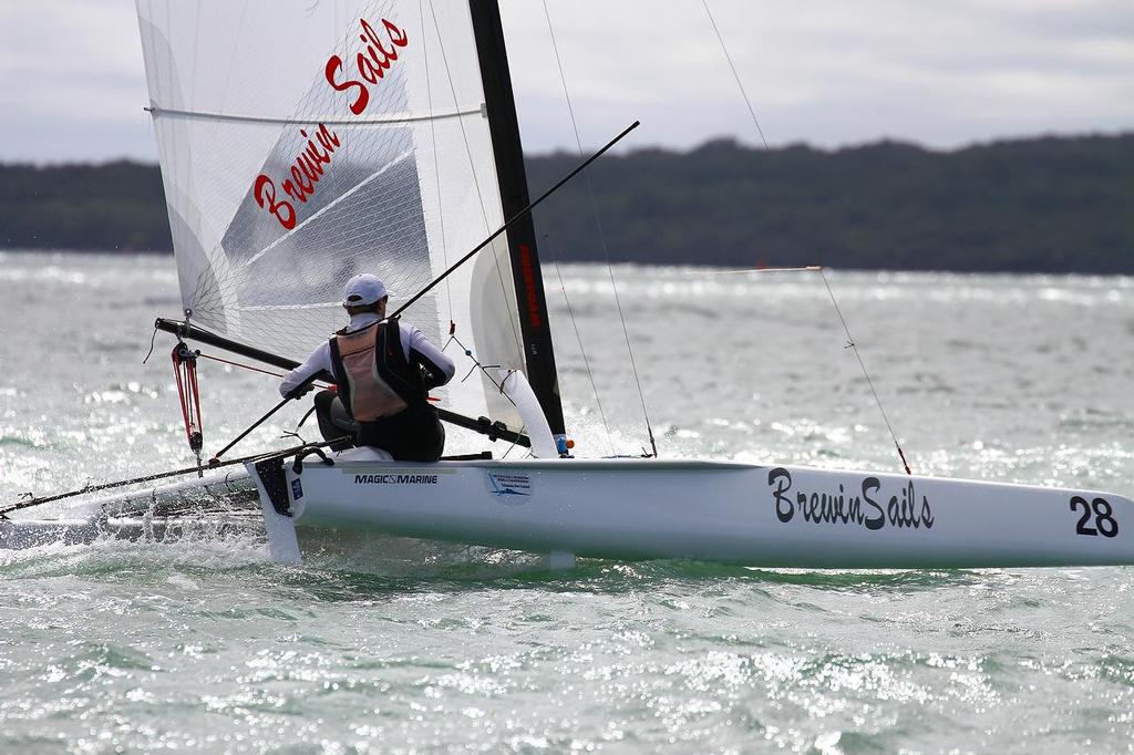 Steve Brewin (AUS) A-class catamaran Nationals Takapuna February 8, 2014 photo copyright Richard Gladwell www.photosport.co.nz taken at  and featuring the  class