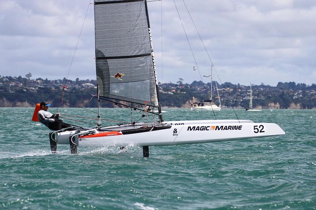 Mischa Heemskerk (NED) foiling A-class catamaran Nationals Takapuna February 8, 2014 photo copyright Richard Gladwell www.photosport.co.nz taken at  and featuring the  class