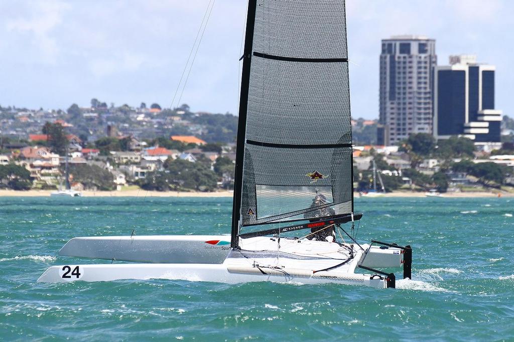 Peter Burling (NZL) A-class catamaran Nationals Takapuna February 8, 2014 photo copyright Richard Gladwell www.photosport.co.nz taken at  and featuring the  class