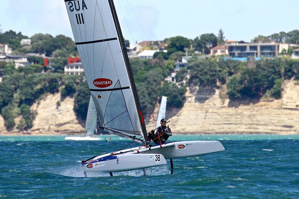 Glenn Ashby (AUS) flies in the A-class catamaran Nationals Takapuna February 8, 2014 photo copyright Richard Gladwell www.photosport.co.nz taken at  and featuring the  class