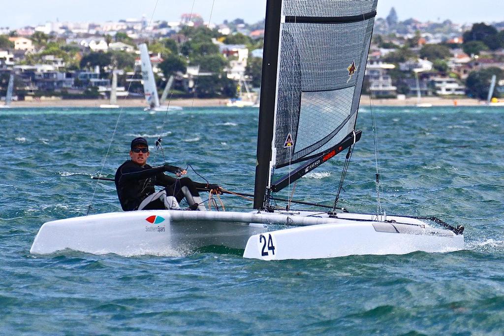 Peter Burling (NZL) A-class catamaran Nationals Takapuna February 8, 2014 photo copyright Richard Gladwell www.photosport.co.nz taken at  and featuring the  class