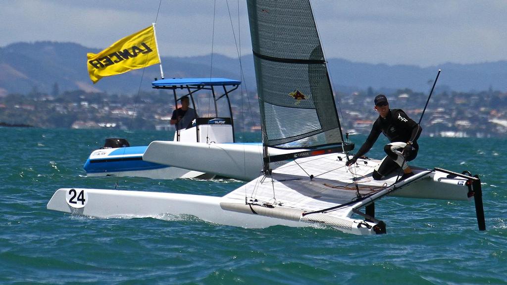 Peter Burling on his way to winning Race 2 A-class catamaran Nationals Takapuna February 8, 2014 photo copyright Richard Gladwell www.photosport.co.nz taken at  and featuring the  class