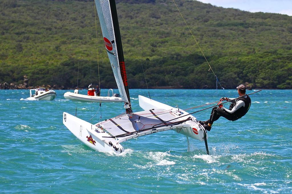 Artemis Racing helmsman, Nathan Outteridge (AUS) A-class catamaran Nationals Takapuna February 8, 2014 photo copyright Richard Gladwell www.photosport.co.nz taken at  and featuring the  class