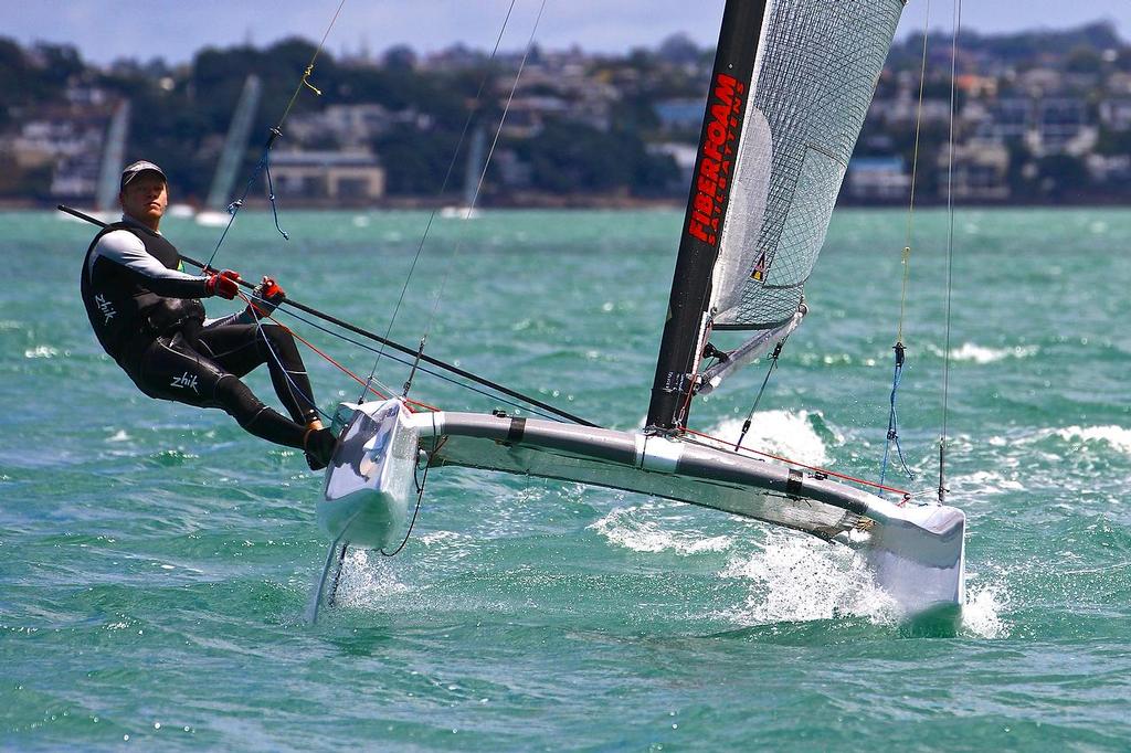 Nathan Outteridge (AUS) A-class catamaran Nationals Takapuna February 8, 2014 photo copyright Richard Gladwell www.photosport.co.nz taken at  and featuring the  class