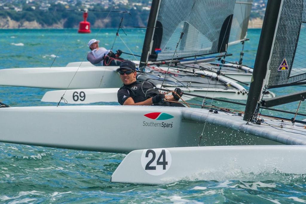 Peter Burling (24) and Jacek Noetzel (POL) - NZ Nationals and Pre-Worlds, A-Class Takapuna 2014 © Georgia Schofield