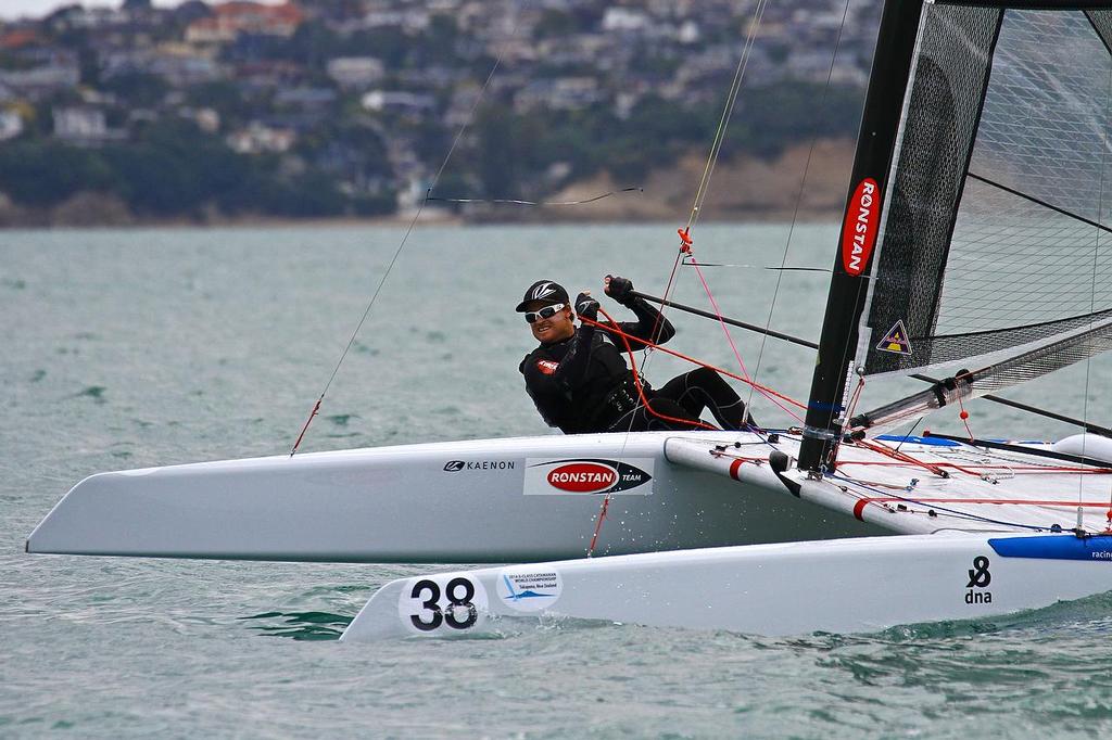 Glenn Ashby (AUS) A-class catamaran World Championships, Day 1, Takapuna February 11, 2014 photo copyright Richard Gladwell www.photosport.co.nz taken at  and featuring the  class