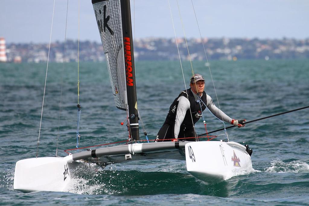 Nathan Outteridge (AUS) A-class catamaran World Championships, Day 1, Takapuna February 11, 2014 photo copyright Richard Gladwell www.photosport.co.nz taken at  and featuring the  class