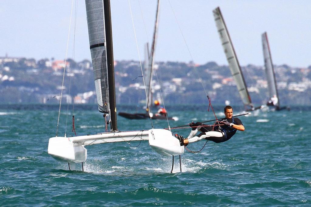 Blair Tuke (NZL) A-class catamaran World Championships, Day 1, Takapuna February 11, 2014 © Richard Gladwell www.photosport.co.nz