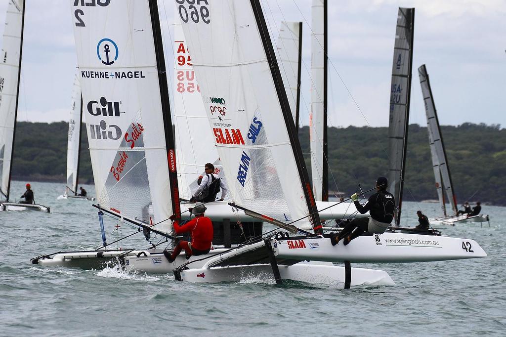 Race 1, Leg 2 - A-class catamaran World Championships, Day 1, Takapuna February 11, 2014 photo copyright Richard Gladwell www.photosport.co.nz taken at  and featuring the  class