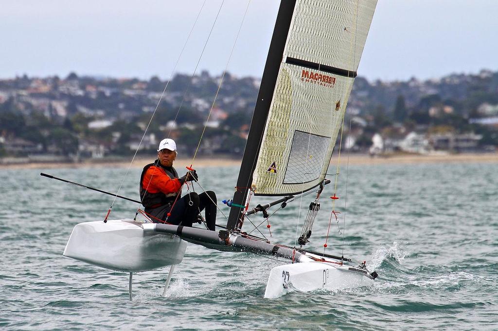 Scott Anderson ((AUS) A-class catamaran World Championships, Day 1, Takapuna February 11, 2014 photo copyright Richard Gladwell www.photosport.co.nz taken at  and featuring the  class