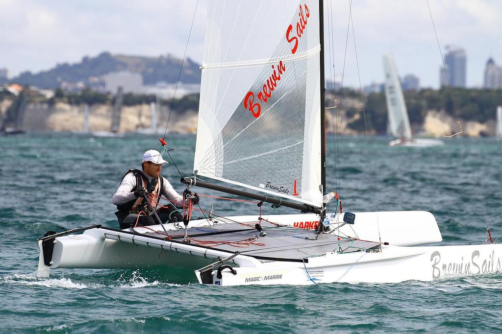 Steven Brewin (AUS) A-class catamaran World Championships, Day 1, Takapuna February 11, 2014 photo copyright Richard Gladwell www.photosport.co.nz taken at  and featuring the  class