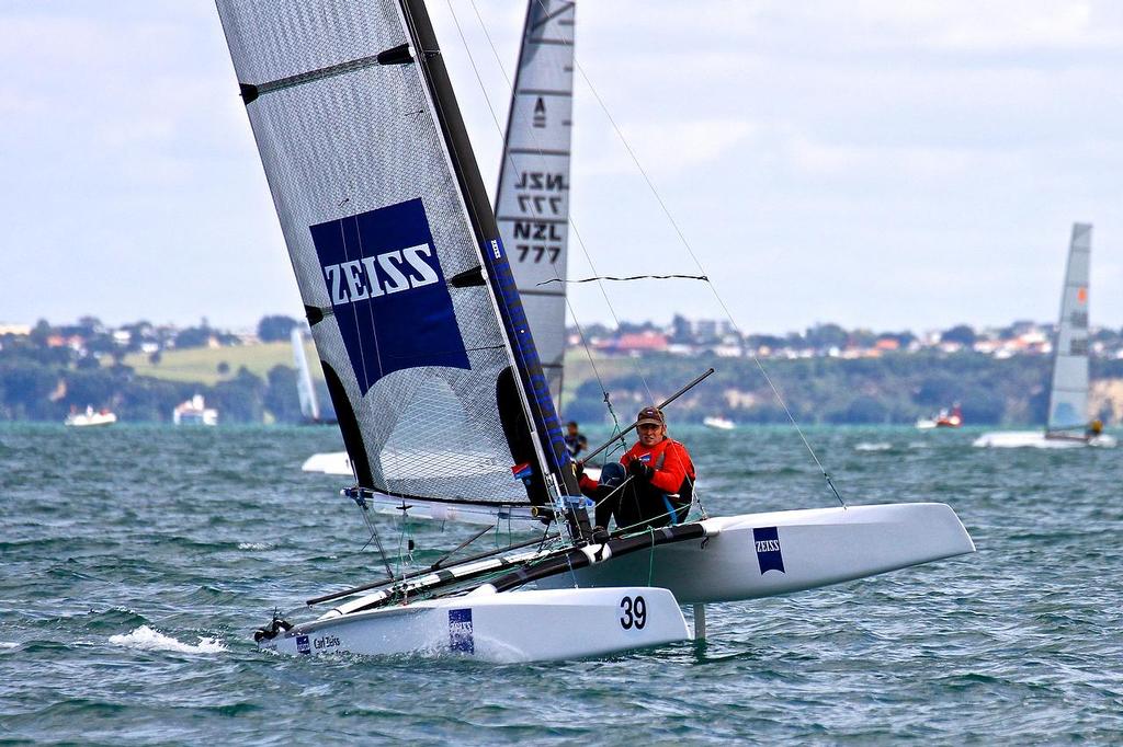 Andrew Landenberger (AUS) A-class catamaran World Championships, Day 1, Takapuna February 11, 2014 photo copyright Richard Gladwell www.photosport.co.nz taken at  and featuring the  class