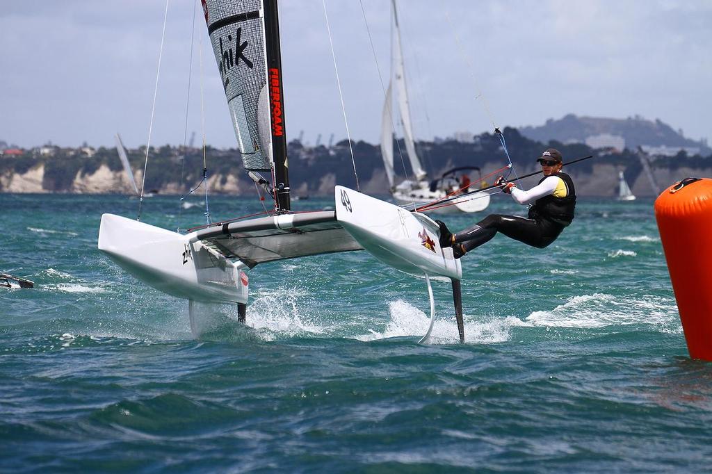 Nathan Outteridge (AUS), Race 3, A-class catamaran World Championships, Day 2, Takapuna February 12, 2014 photo copyright Richard Gladwell www.photosport.co.nz taken at  and featuring the  class