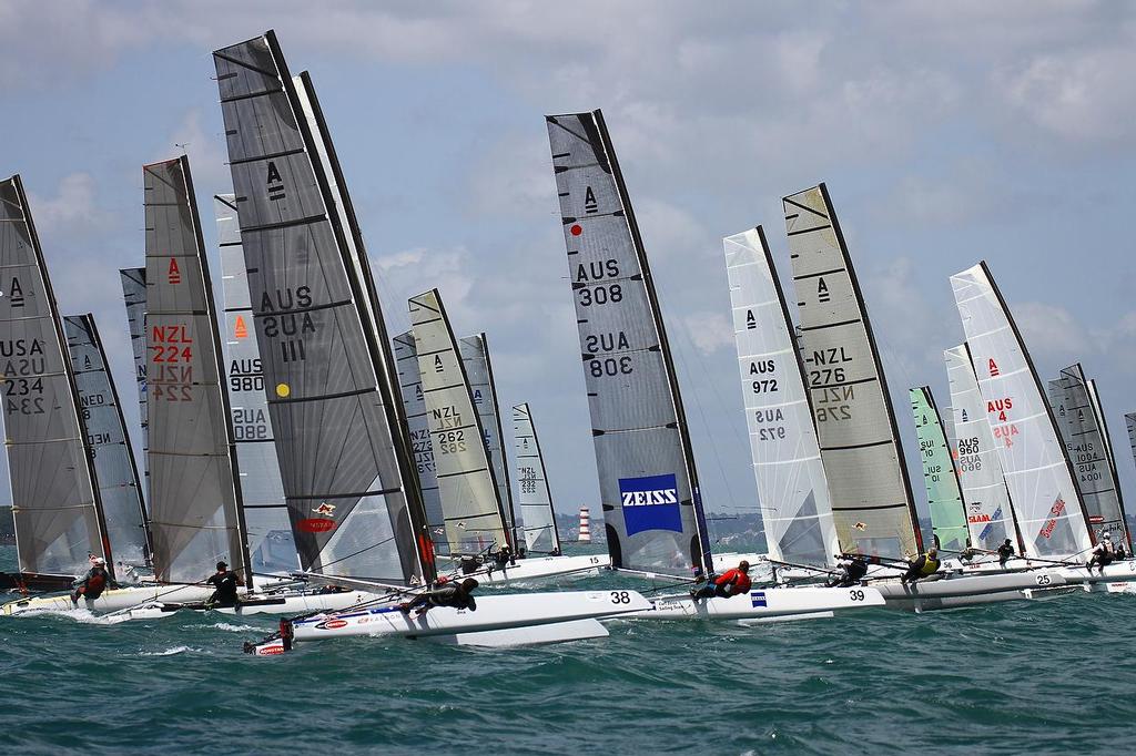 Series leader, Glenn Ashby (AUS 111) race start, A-class catamaran World Championships, Day 2, Takapuna February 12, 2014 © Richard Gladwell www.photosport.co.nz