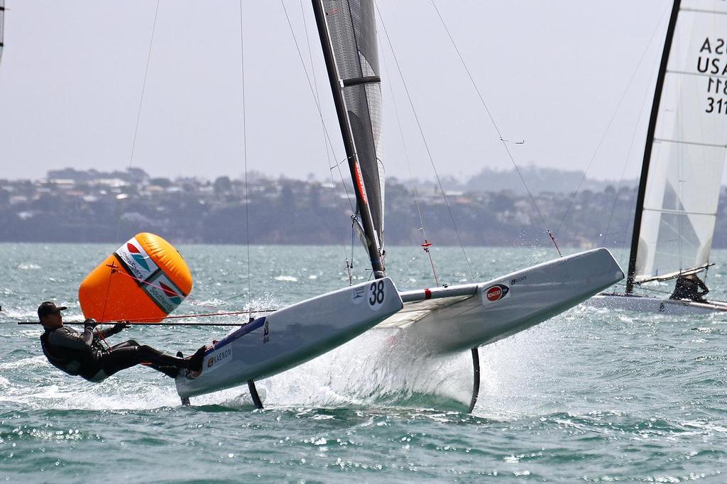 Glenn Ashby A-class catamaran World Championships, Day 2, Takapuna February 12, 2014 © Richard Gladwell www.photosport.co.nz