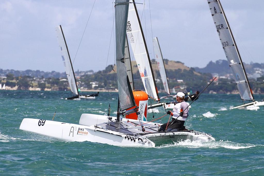 A-class catamaran World Championships, Day 2, Takapuna February 12, 2014 photo copyright Richard Gladwell www.photosport.co.nz taken at  and featuring the  class