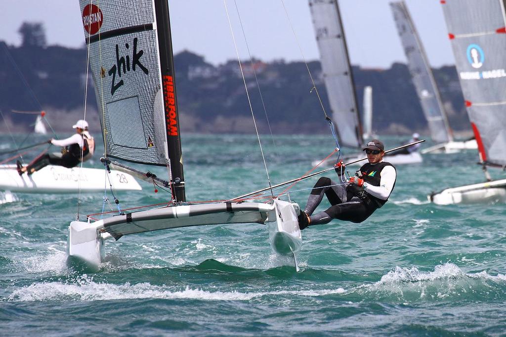 Nathan Outteridge, A-class catamaran World Championships, Day 2, Takapuna February 12, 2014 photo copyright Richard Gladwell www.photosport.co.nz taken at  and featuring the  class