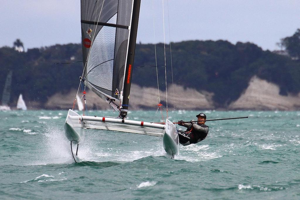 Glenn Ashby (AUS) A-class catamaran World Championships, Day 3, Takapuna February 13, 2014 © Richard Gladwell www.photosport.co.nz