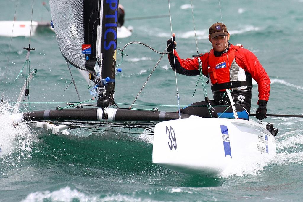 Andrew Landenberger (AUS) A-class catamaran World Championships, Day 3, Takapuna February 13, 2014 photo copyright Richard Gladwell www.photosport.co.nz taken at  and featuring the  class