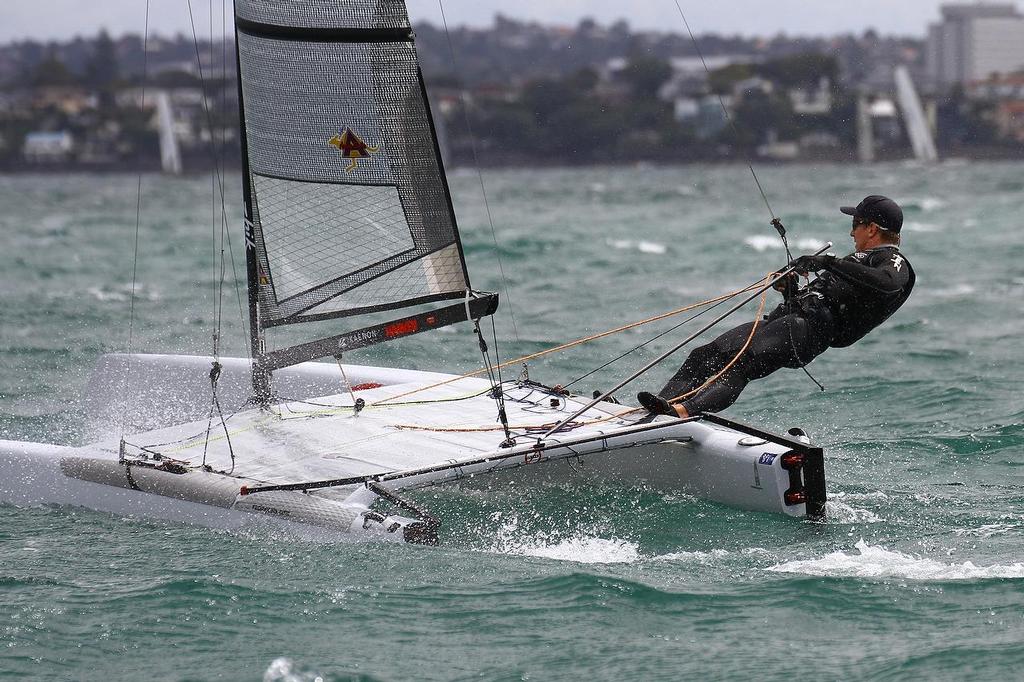 Peter Burling (NZL) A-class catamaran World Championships, Day 3, Takapuna February 13, 2014 © Richard Gladwell www.photosport.co.nz