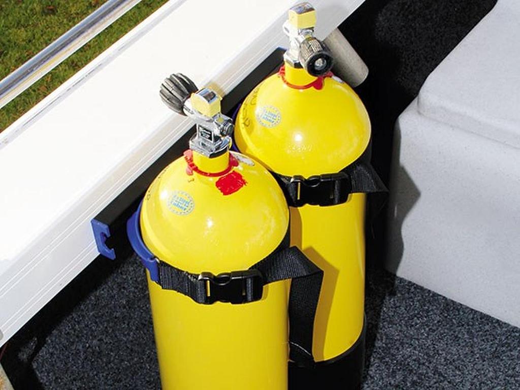 Multiple Dive tanks held in place a single bracket from Wilsecure Track and Bracket systems &copy; Wilsecure http://www.wilsecure.co.nz