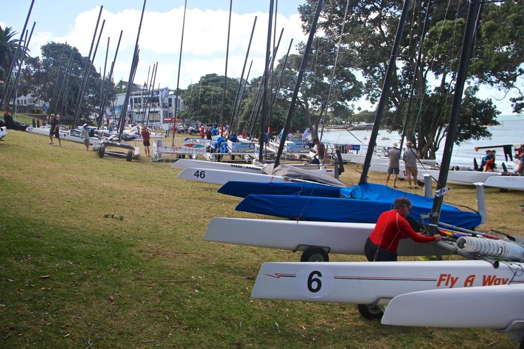 On the Reserve at Takapuna looking to the Boating Club -A-class catamaran Nationals Takapuna February 8, 2014 photo copyright Richard Gladwell www.photosport.co.nz taken at  and featuring the  class