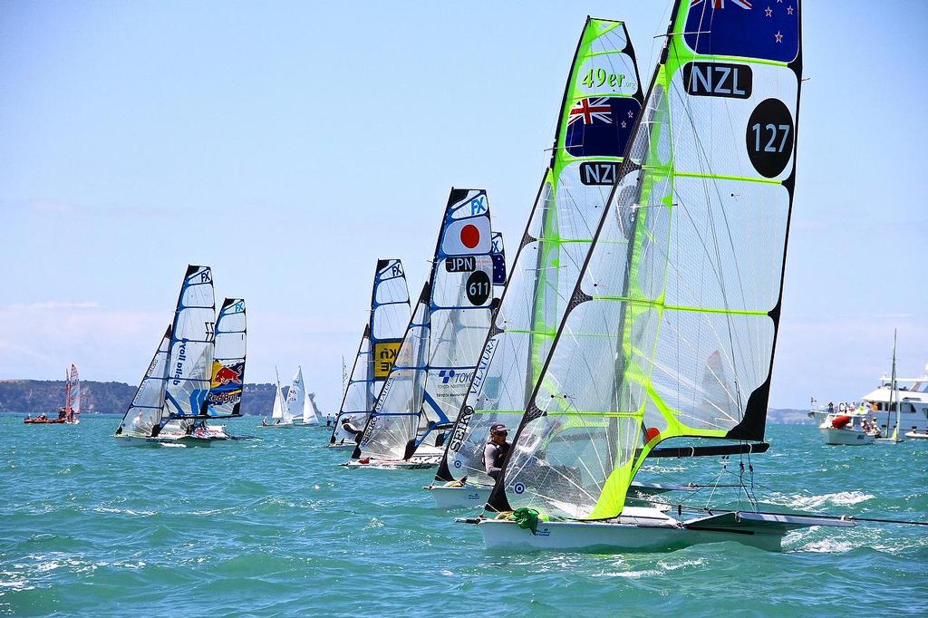 Oceanbridge Sail Auckland 2014 - February 3, 2014 -0 49er start photo copyright Richard Gladwell www.photosport.co.nz taken at  and featuring the  class