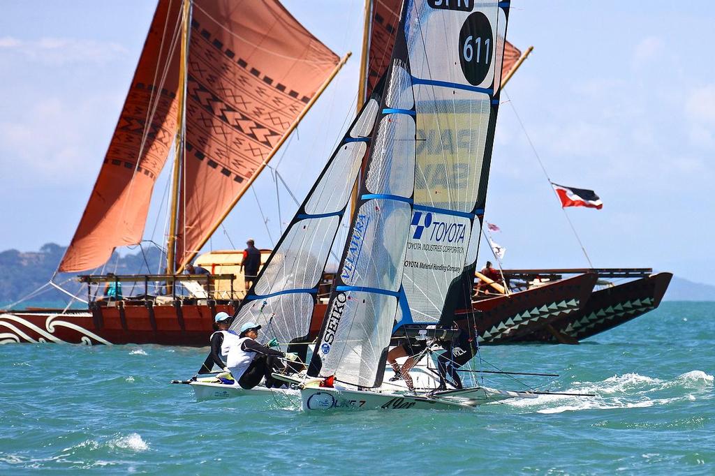 Oceanbridge Sail Auckland 2014 - February 3, 2014 49erFX and Vaka photo copyright Richard Gladwell www.photosport.co.nz taken at  and featuring the  class