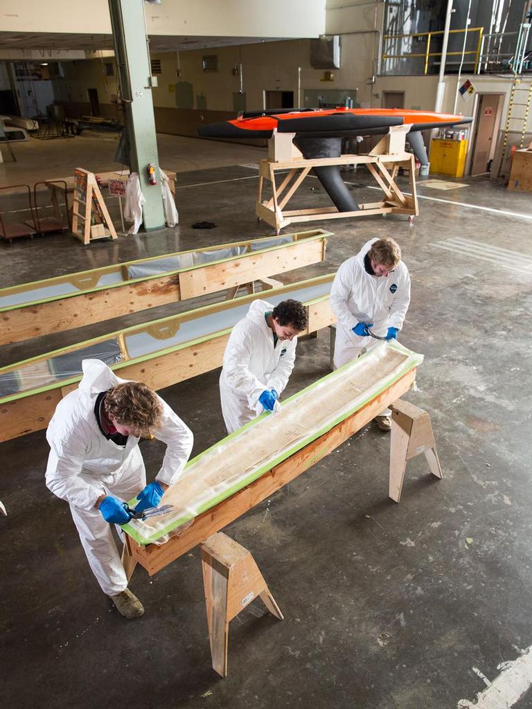 In his Alameda workshop, Richard Jenkins (left) works with technician Vincent Felice and fabricator Damon Smith to build the hull of a new Saildrone.  - The Drone That Will Sail Itself Around the World photo copyright Corey Arnold taken at  and featuring the  class