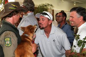 Sailing: Gill Melges 24 World Championships 2014, Royal Geelong Yacht Club, Geelong (Aus), 28/01/2014. Photo; Teri Dodds. Welcome Cocktail Party. Federico Michetti up close and personal with a dingo from Jirrahlinga Koala and Wildlife Sanctuary. photo copyright Teri Dodds taken at  and featuring the  class