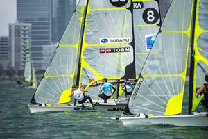 Jonas Warrer and Peter Lang in action as the 49er Fleet fights for position in light breeze - 2014 ISAF Sailing World Cup Miami day 5 photo copyright Walter Cooper /US Sailing http://ussailing.org/ taken at  and featuring the  class