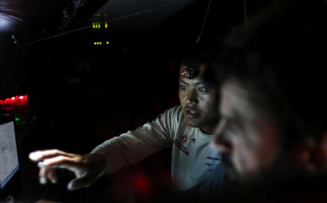 Leg Two, Day 19 - Black and Pascal onboard - Black is a curious person, always wanting to learn onboard Dongfeng  - Volvo Ocean Race 2014-15. © Yann Riou / Dongfeng Race Team