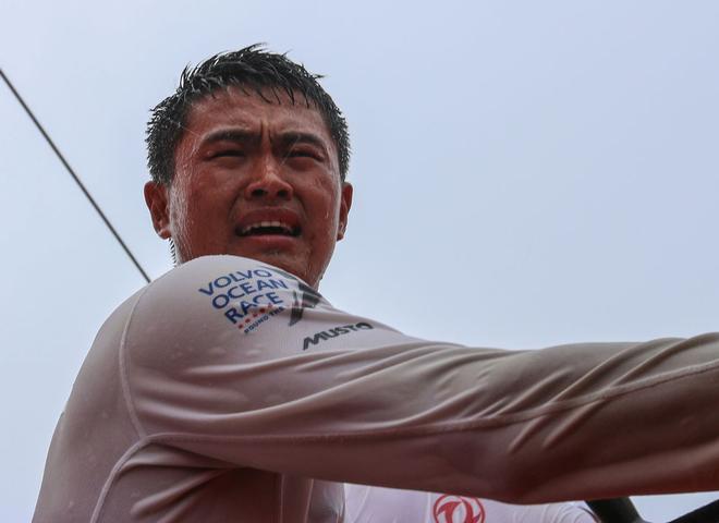 Leg Two, Day 15 - Black onboard - First Doldrums for Black onboard Dongfeng as he experiences lots of rain showers and wind shifts - Volvo Ocean Race 2014-15. © Yann Riou / Dongfeng Race Team