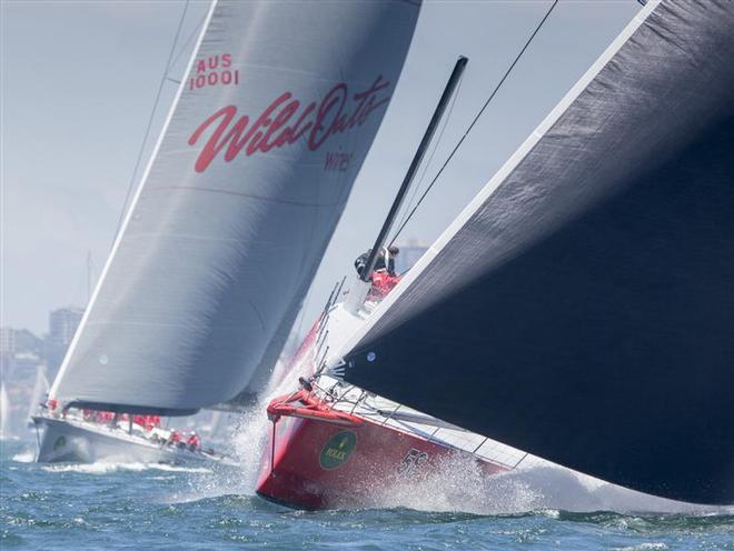 Wild Oats XI and Comanche at start of 2014 Rolex Sydney Hobart Yacht Race. ©  Rolex/Daniel Forster http://www.regattanews.com