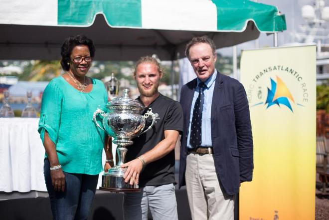 Winner: Lupa of London, Jeremy Pilkington's Baltic 78, Lupa of London L to R: The Minister of Tourism and Civil Aviation, The Honourable Yolande Bain-Horsford, Fred Pilkington, Michael Boyd (RORC Commodore) - 2014 RORC Transatlantic Race. © RORC/Arthur Daniel and Orlando K Romain